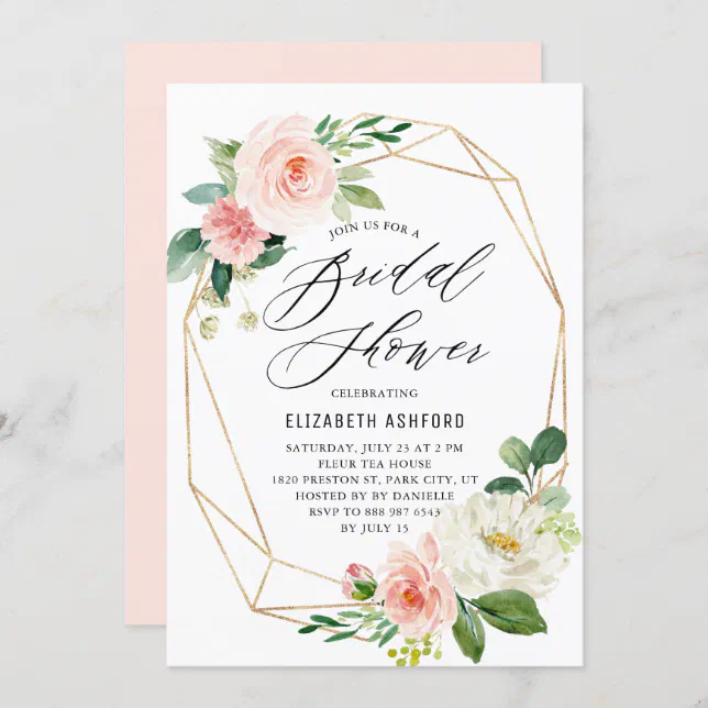 Geometric Gold Frame Pink Florals Bridal Shower Invitation | Zazzle