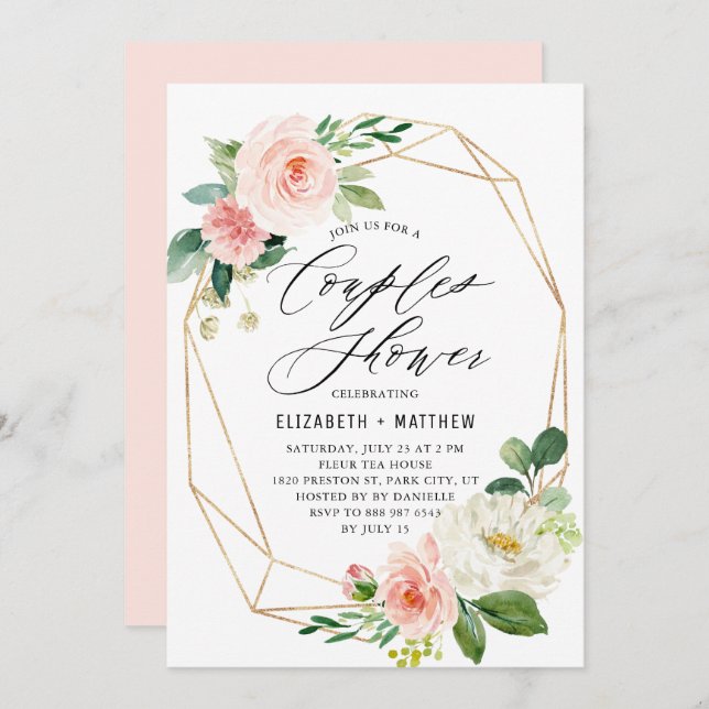 Geometric Gold Frame Pink Florals Couples Shower Invitation (Front/Back)