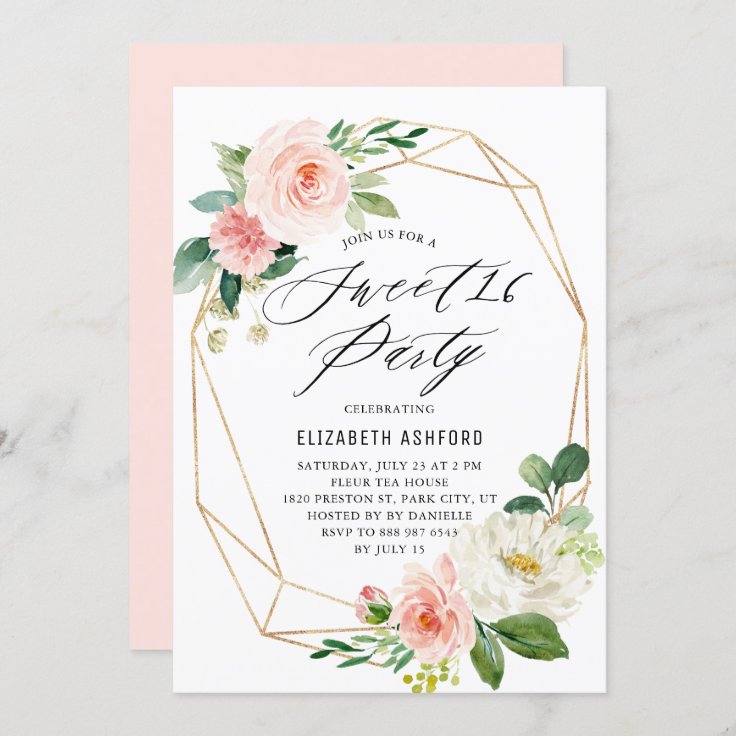 Geometric Gold Frame Pink Florals Sweet 16 Party Invitation | Zazzle