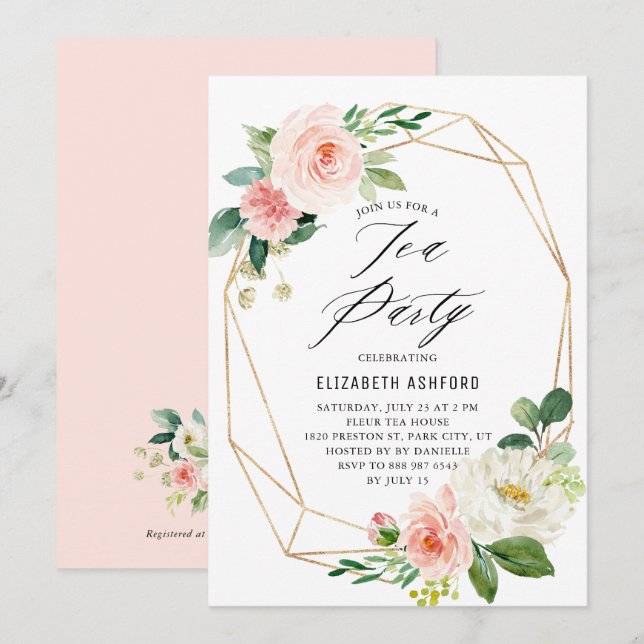 Geometric Gold Frame Pink Florals Tea Party Invitation (Front/Back)