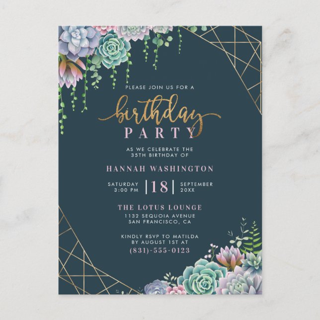 Geometric Gold Frame & Succulents Birthday Party Invitation Postcard (Front)