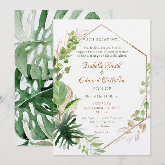 Geometric Gold Frame Tropical Green Leaves Wedding Invitation (Front/Back)