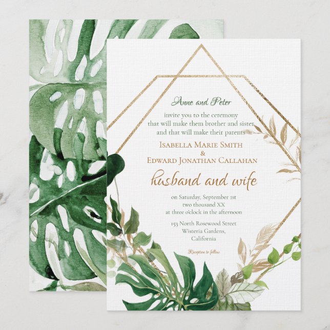 Geometric Gold Frame Tropical Green Palm Leaves Invitation (Front/Back)