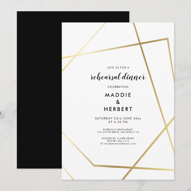 Geometric gold frame wedding rehearsal dinner invitation (Front/Back)