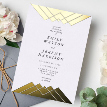 Geometric Gold Gatsby Wedding Pressed Foil Invitation