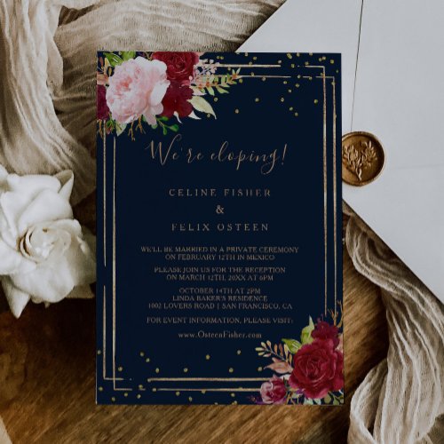 Geometric Gold Glitter and Red Elopement Reception Invitation