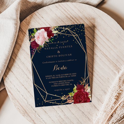 Geometric Gold Glitter and Red Tropical Wedding Invitation