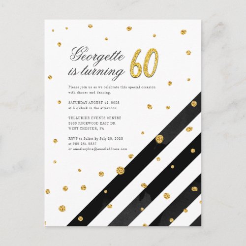 Geometric Gold Glitter Black Stripes 60th Birthday Invitation Postcard