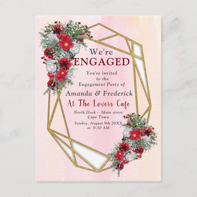 Geometric - Gold Glitter Burgundy Bouquets Invitation Postcard (Front)