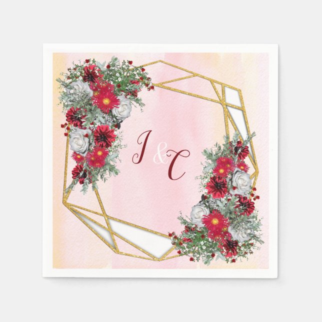 Geometric - Gold Glitter Burgundy Bouquets Napkins (Front)