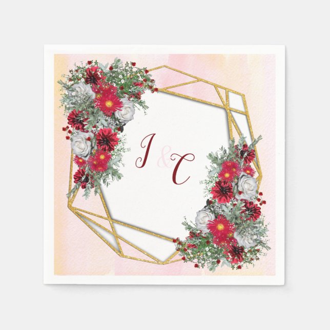 Geometric - Gold Glitter Burgundy Bouquets Napkins (Front)