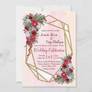 Geometric Gold Glitter Burgundy Flowers Invitation