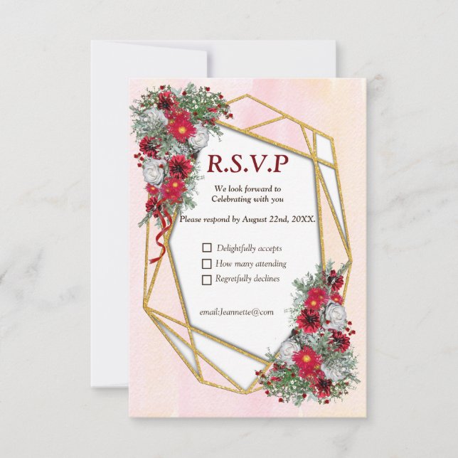 Geometric - Gold Glitter Burgundy Flowers RSVP Card (Front)