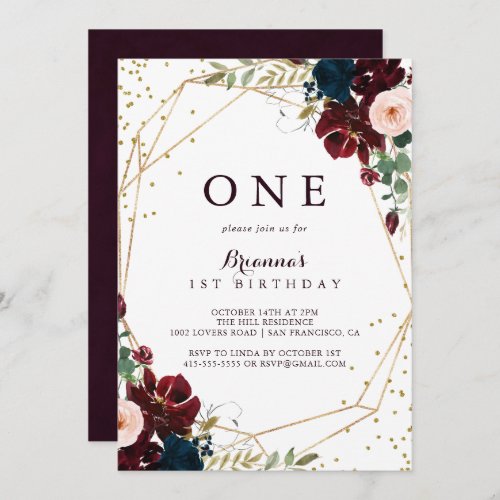Geometric Gold Glitter Floral First Birthday Party Invitation