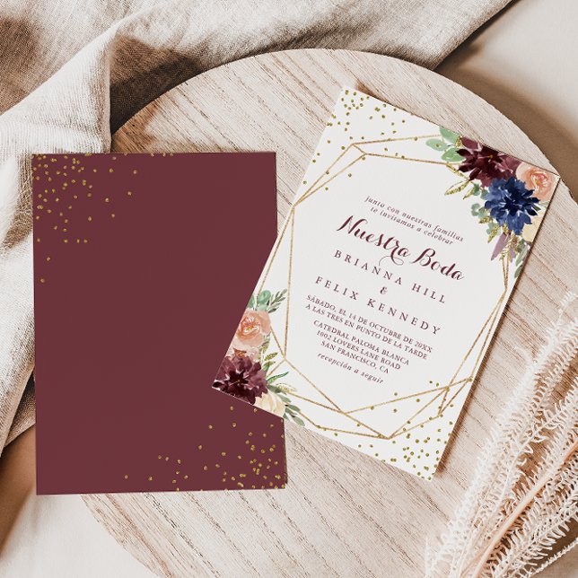 Geometric Gold Glitter Floral Nuestra Boda Wedding Invitation (Creator Uploaded)