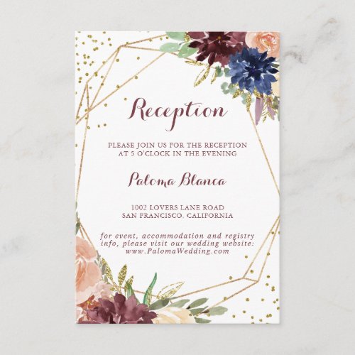 Geometric Gold Glitter Floral Wedding Reception Enclosure Card