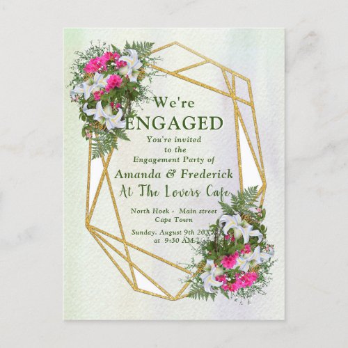 Geometric _ Gold Glitter Flower Bouquet Engagement Invitation Postcard