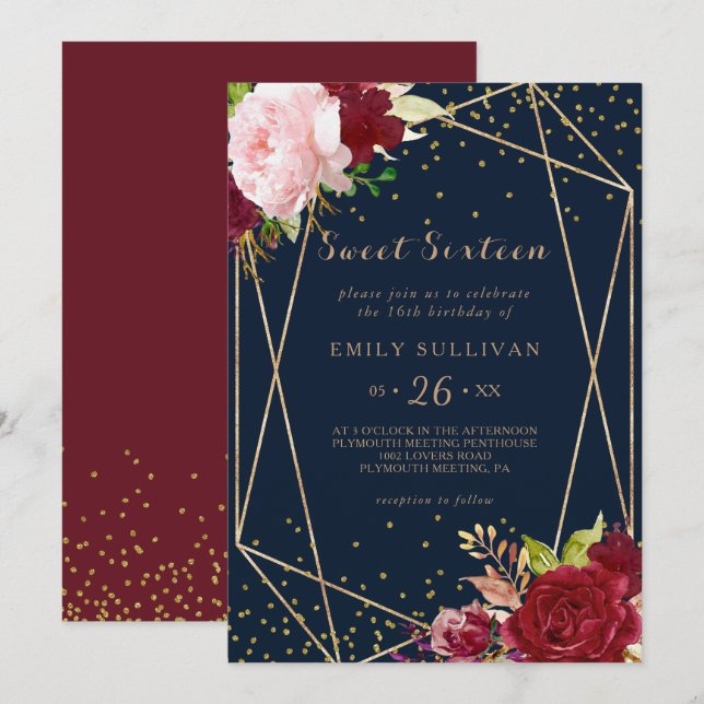 Geometric Gold Glitter Red 16th Birthday Party Invitation (Front/Back)