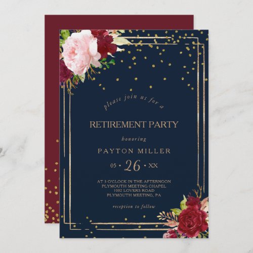 Geometric Gold Glitter Red Retirement Party Invitation