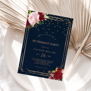 Geometric Gold Glitter Red Retirement Party Invitation