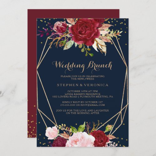 Geometric Gold Glitter Red Tropical Wedding Brunch Invitation