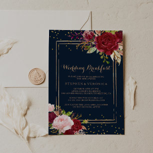 Geometric Gold Glitter Red Wedding Breakfast Invitation