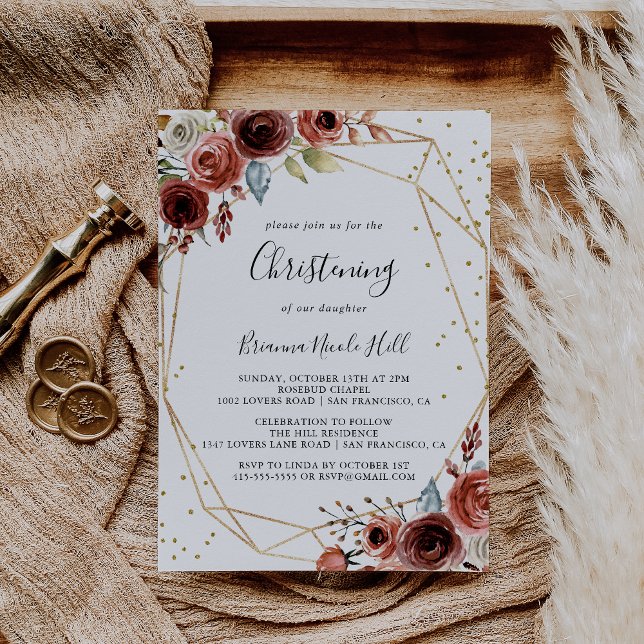Geometric Gold Glitter Spring Floral Christening Invitation (Creator Uploaded)