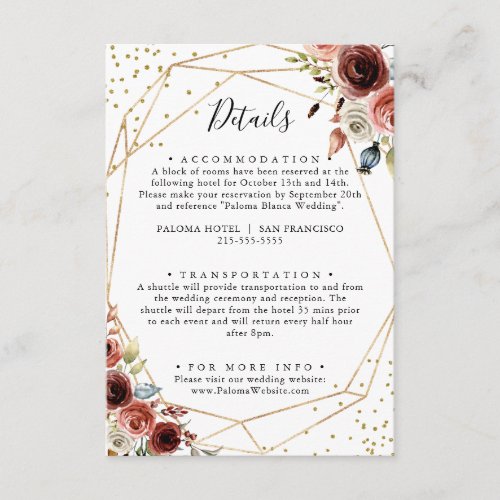 Geometric Gold Glitter Spring Wedding Details Enclosure Card