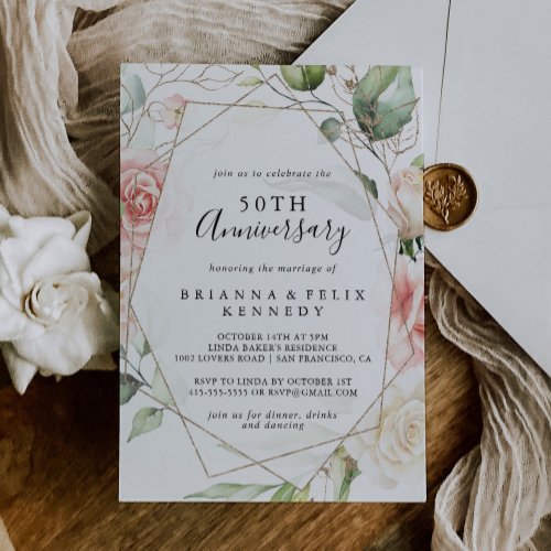 Geometric Gold Green 50th Wedding Anniversary Invitation