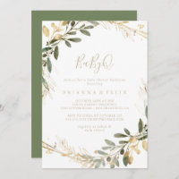 Geometric Gold Green BabyQ Baby Shower Barbecue  Invitation