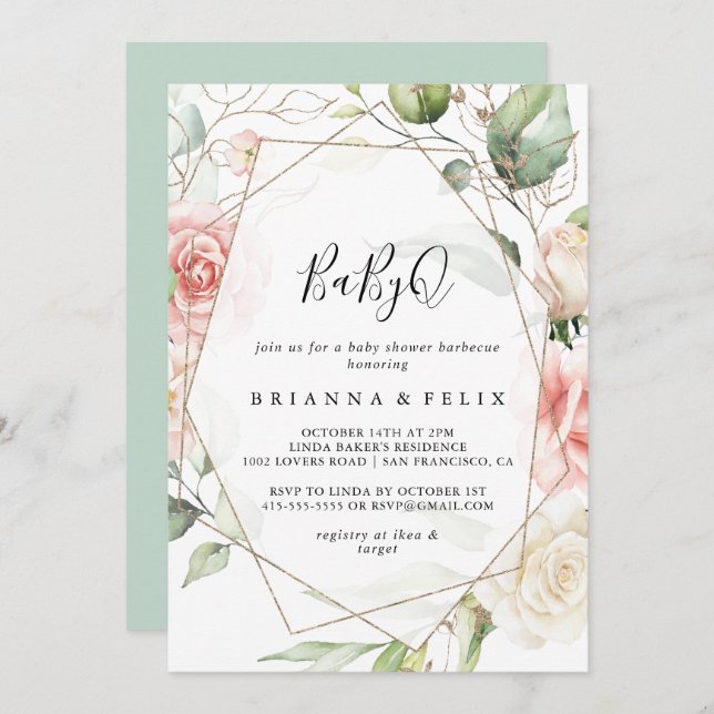 Geometric Gold Green BabyQ Baby Shower Barbecue Invitation (Front/Back)