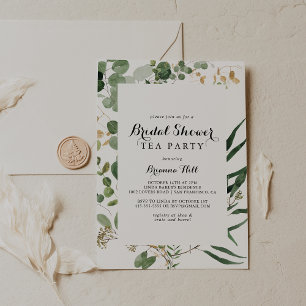 Geometric Gold Green Bridal Shower Tea Party Invitation