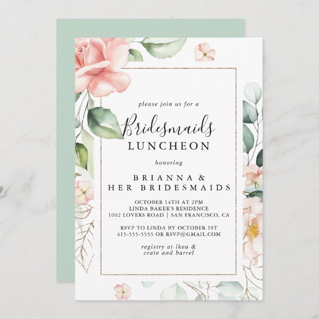 Geometric Gold Green Bridesmaids Luncheon Shower Invitation