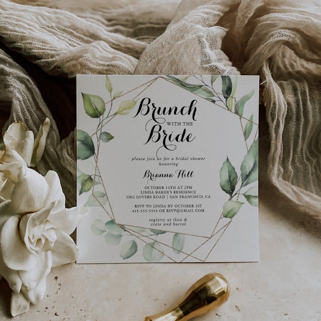 Geometric Gold Green Brunch with the Bride Shower Invitation