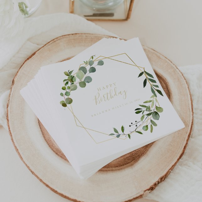 Geometric Gold Green Calligraphy Birthday Party Napkins (Creator Uploaded)