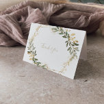 Geometric Gold Green Folded Wedding Thank You Card<br><div class="desc">This geometric gold green folded wedding thank you card is perfect for a modern wedding. The design features a beautiful gold geometric frame with elegant green leaves. Personalize the inside of the card with your names, and a thank you message. Or, leave the thank you message section blank and hand...</div>