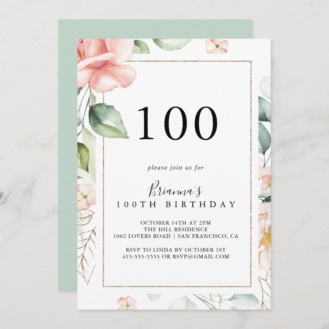 Geometric Gold Green Foliage 100th Birthday Party Invitation | Zazzle