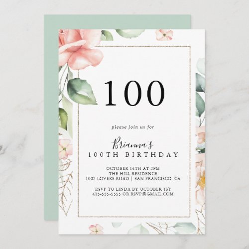 Geometric Gold Green Foliage 100th Birthday Party Invitation