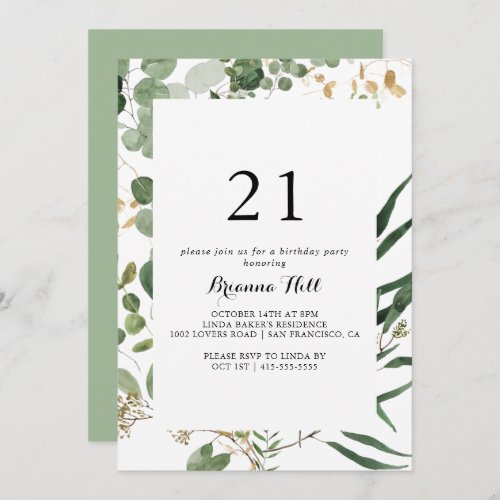 Geometric Gold Green Foliage 21st Birthday Party  Invitation