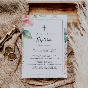 Geometric Gold Green Foliage Floral Baptism Invitation