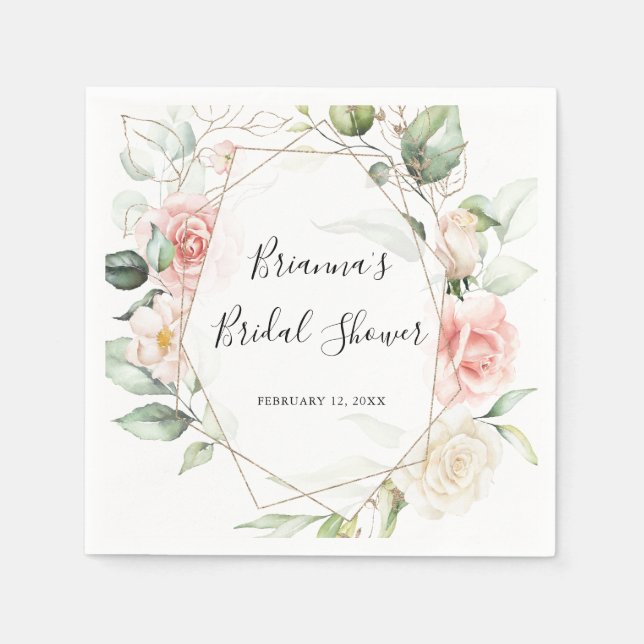 Geometric Gold Green Foliage Floral Bridal Shower Napkins (Front)