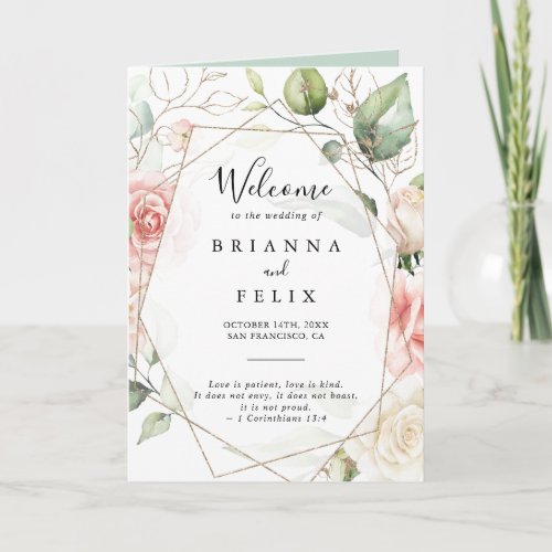 Geometric Gold Green Foliage Floral Folded Wedding Program