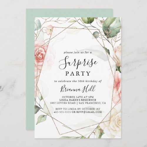 Geometric Gold Green Foliage Floral Surprise Party Invitation
