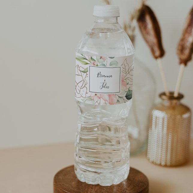 Geometric Gold Green Foliage Floral Wedding Water Bottle Label (Creator Uploaded)