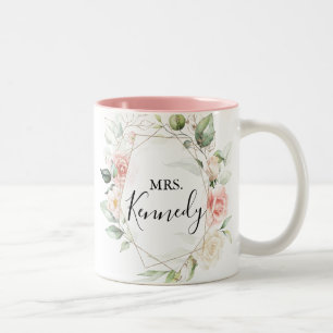 Geometric Gold Green Foliage Mrs Newlywed Bride Two-Tone Coffee Mug