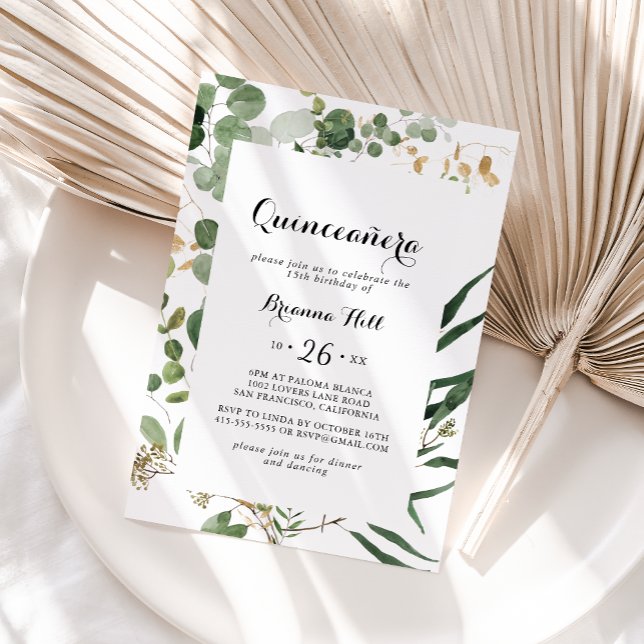 Geometric Gold Green Foliage Quinceañera  Invitation (Creator Uploaded)