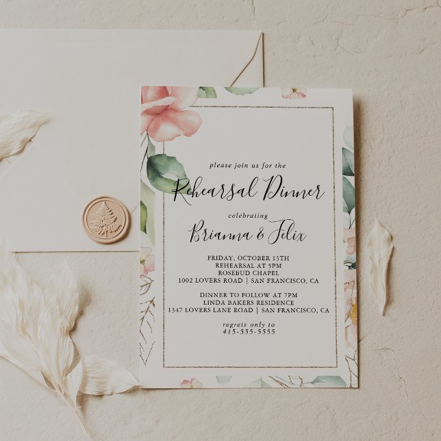 Geometric Gold Green Foliage Rehearsal Dinner Invitation (Creator Uploaded)