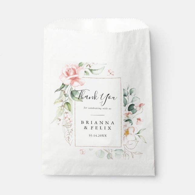 Geometric Gold Green Foliage Thank You Wedding Favor Bag (Front)