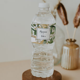 Geometric Gold Green Foliage Wedding Water Bottle Label