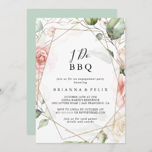 Geometric Gold Green I Do BBQ Engagement Party Invitation